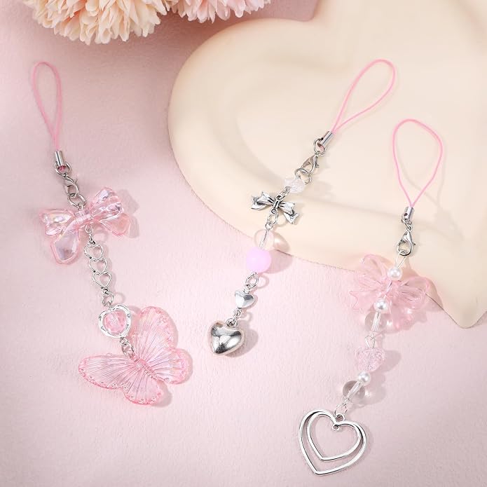 Pink Beaded Phone Wrist Straps, Y2K Phone Case Charms Camera Charm Strap