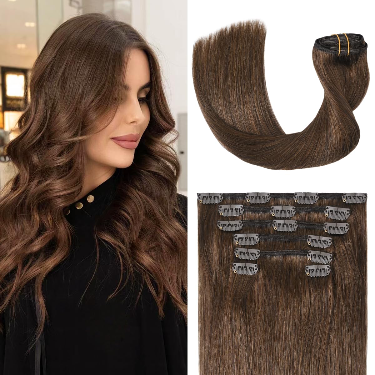 Ugotrays Medium Brown Hair Extensions Real Human Hair Clip In Hair Extensions 70G 7Pcs 20Inch,Soft & Natural Straight Double Wef
