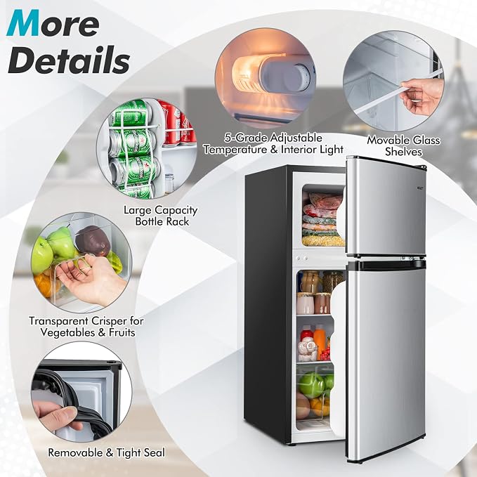COSTWAY 3.2 Cu.Ft. Mini Fridge with Freezer, 2 Door for Office Bedroom Dorm | Compact Small Refrigerator with Reversible 2 Door, Adjustable Thermostat, Removable Glass Shelves for Food & Drink, Silver