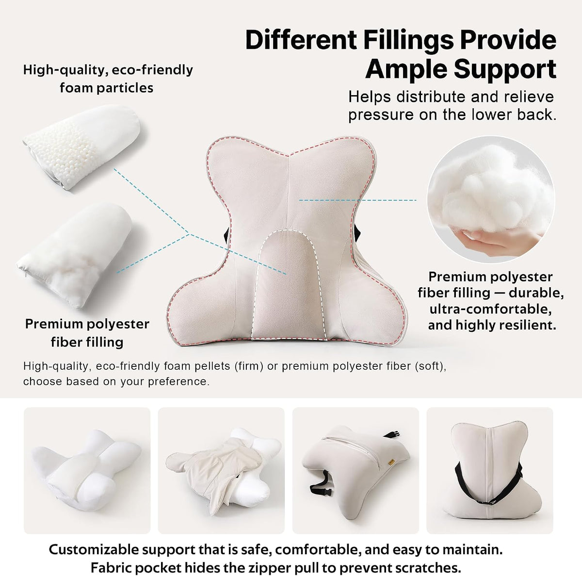 Lumbar Support Pillow(Pat. Pend) – Multi-Functional Ergonomic Back Cushion for Sofa Chair, Car Seat & Sofa, Reading Pillow with Firm Multi-Zone Support to Relieve Lower Back Pain, Misty White