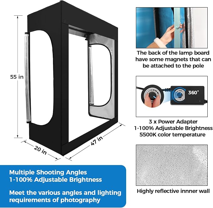 Photo Light Box, Portable 47"x20"x55" Photo Studio Light Box, Shooting Tent Kit