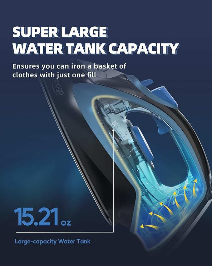 Steam Iron for Clothes, 1750W Clothes Iron Rapid Heating, Non-Stick Ceramic Soleplate, 3-Way Auto-Off, 15.21oz Water Tank, Self-Cleaning, Anti-Drip, Anti-calc Ironing Clothes for Home, Blue