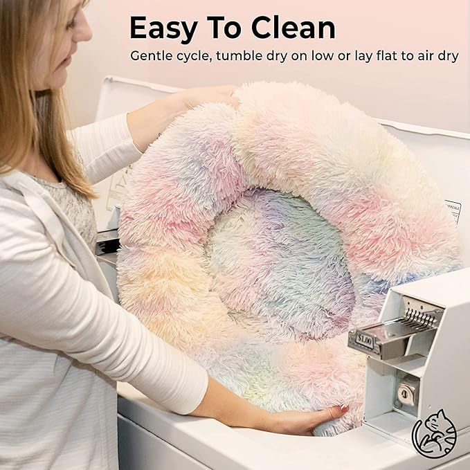 Cat Beds for Indoor Cats - Anti Anxiety Round Dog Beds for Small Medium Dogs, Fluffy Plush Faux Fur Pet Bed (Rainbow, Large 24" L x 24" W)