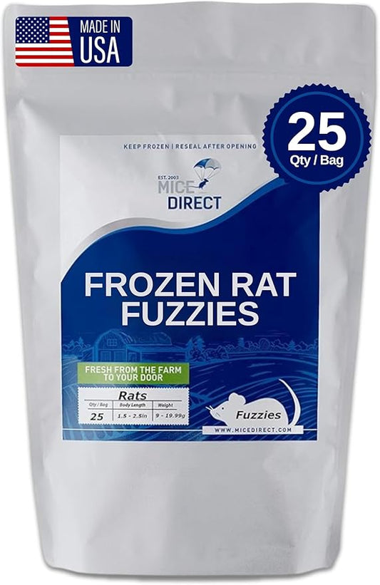 MiceDirect 25 Frozen Rat Fuzzies Feeders Snake Food for Adult Corn Snakes Ball Pythons (2-2.5 in)(225 Grams Min)(25 Count)
