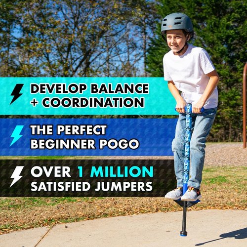 Flybar Pogo Stick for Kids - Easy Grip Foam Handles & Anti-Slip Foot Pegs | 40-80 lbs, Jolt Blue Camo