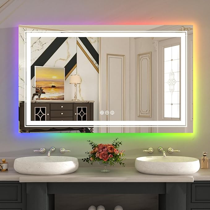 WTTY LED Bathroom Mirror 48"x30" with RGB Backlit and Front Light,Stepless Dimmable LED Mirror for Bathroom,Lighted Bathroom Vanity Mirror,Anti-Fog,Memory Function,Shatter-Proof,Wall Mounted