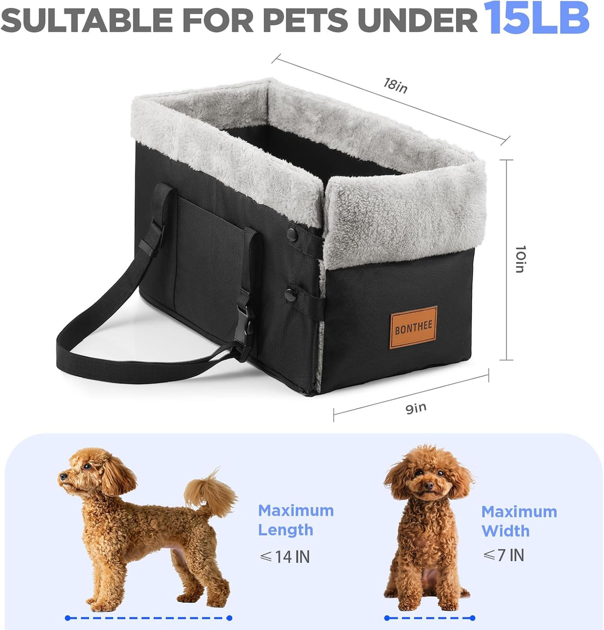 Center Console Dog Car Seat for Small Dogs,Washable Foldable Console Booster Seat for Puppy Car Seat with Safe Protection Hooks Adjustable Straps and Storage Pocket Pet Up to15lbs