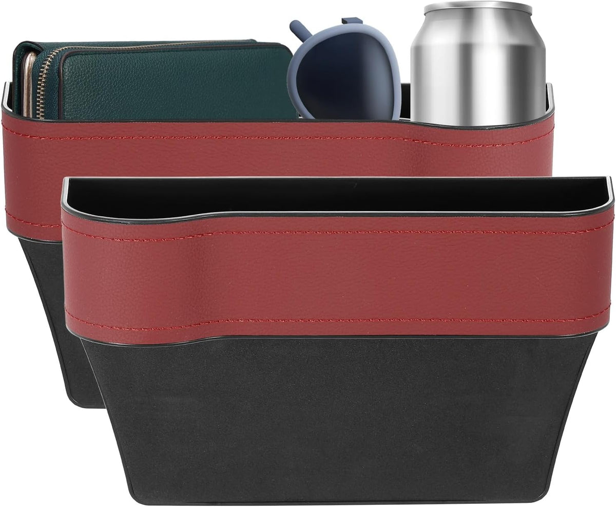 HARFINGTON 2pcs Car Seat Gap Filler Organizer 10.2 x 6.5 x 3.1 Inch ABS+Leather Universal Car Organizer Storage Box Between Seat and Console (Left+Right) with Cup Holders for Phone Keys, Red
