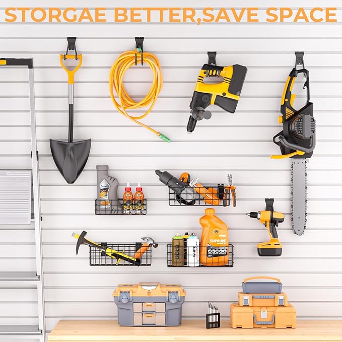 INCLY 30PCS Slatwall Accessories Set, Includes 4 Pack Ventilated Metal Wire Slatwall Baskets and 26PCS Multisized Heavy Duty Slatwall Hooks for Garage Organization Rooms Workshop Storage