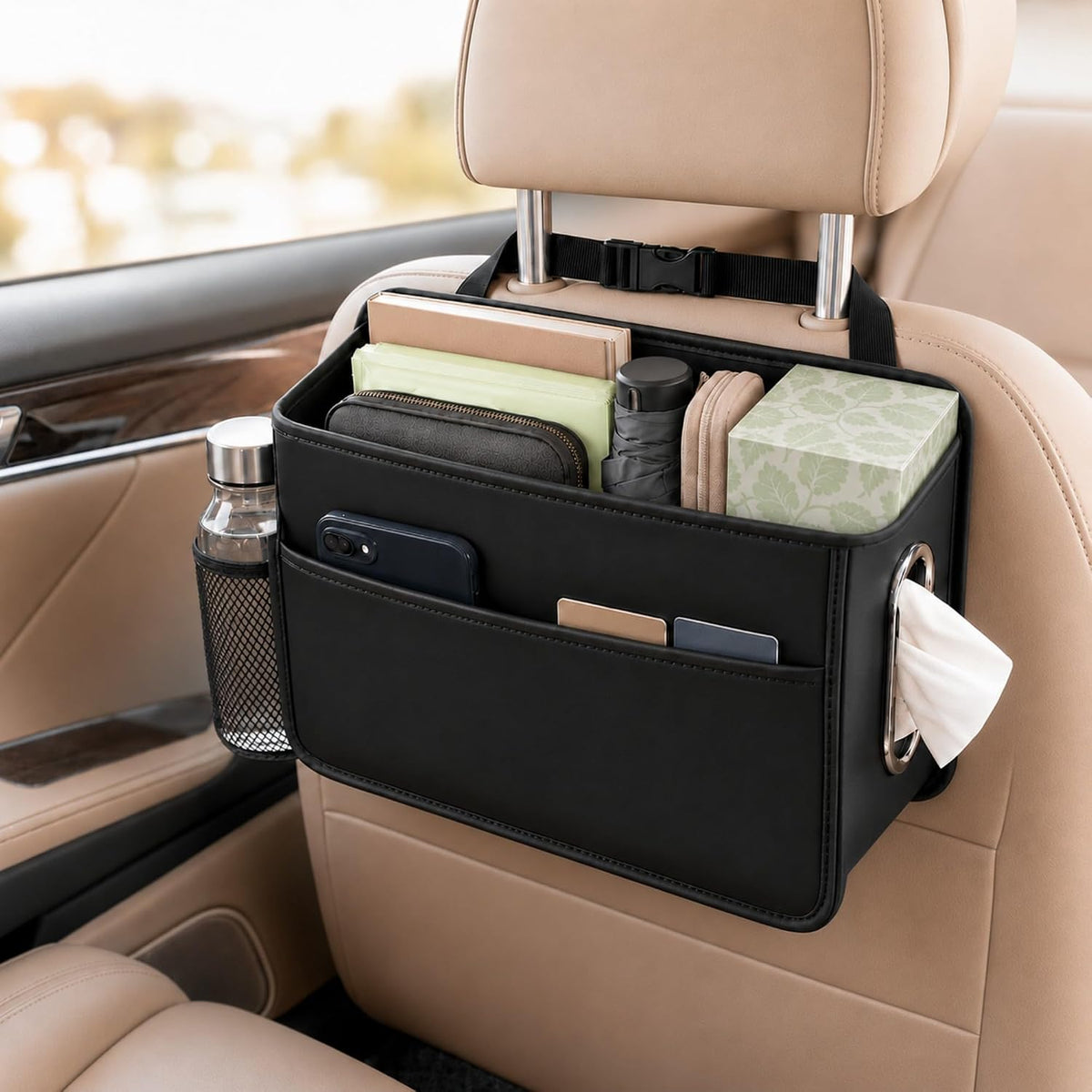 Noaman Upgraded Large Car Seat Organizer with Handkerchief Holder