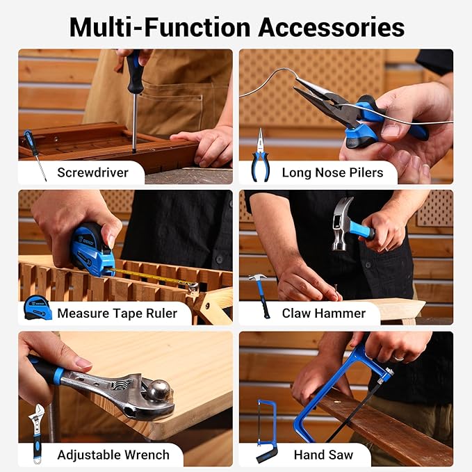 Tool Set: Tool Kit with 12V Cordless Drill, Hand Toolbox with storage case, Mechanic Tool set for Home Repairs, Blue