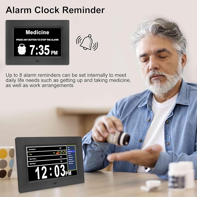 7-Inch Digital Alarm Clock. Displays Time, Day and Month.Features 12 Alarm