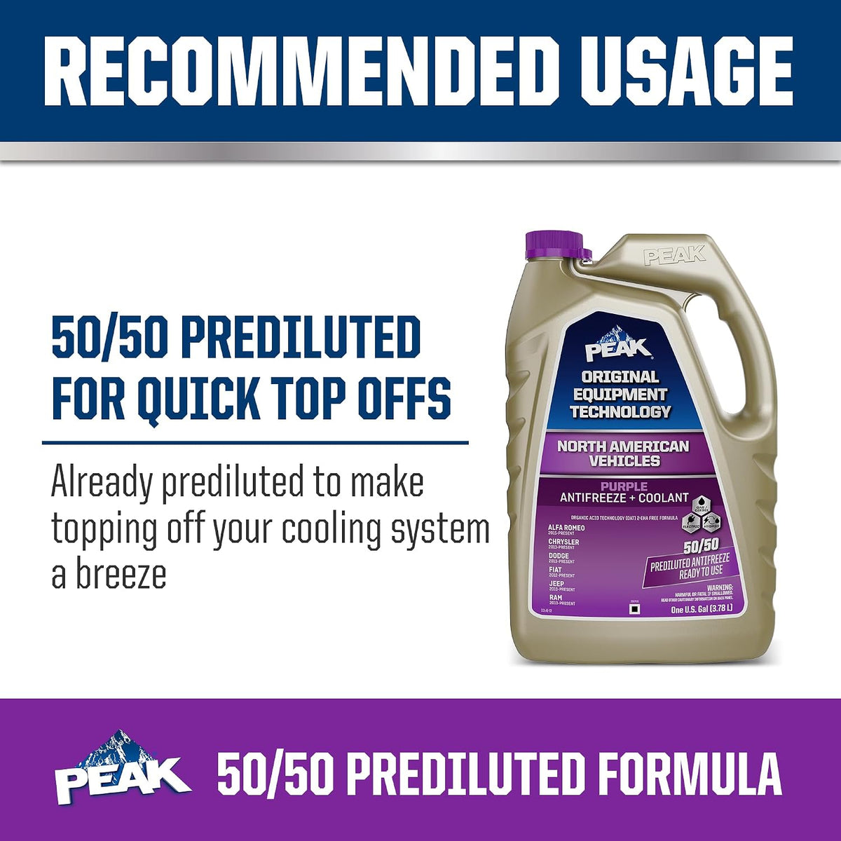 PEAK OET Extended Life Purple 50/50 Prediluted Antifreeze and Coolant for North American Vehicles, Long-Lasting Premium Engine Coolant/Antifreeze with Organic Acid Techology (Oat), 1 Gal.