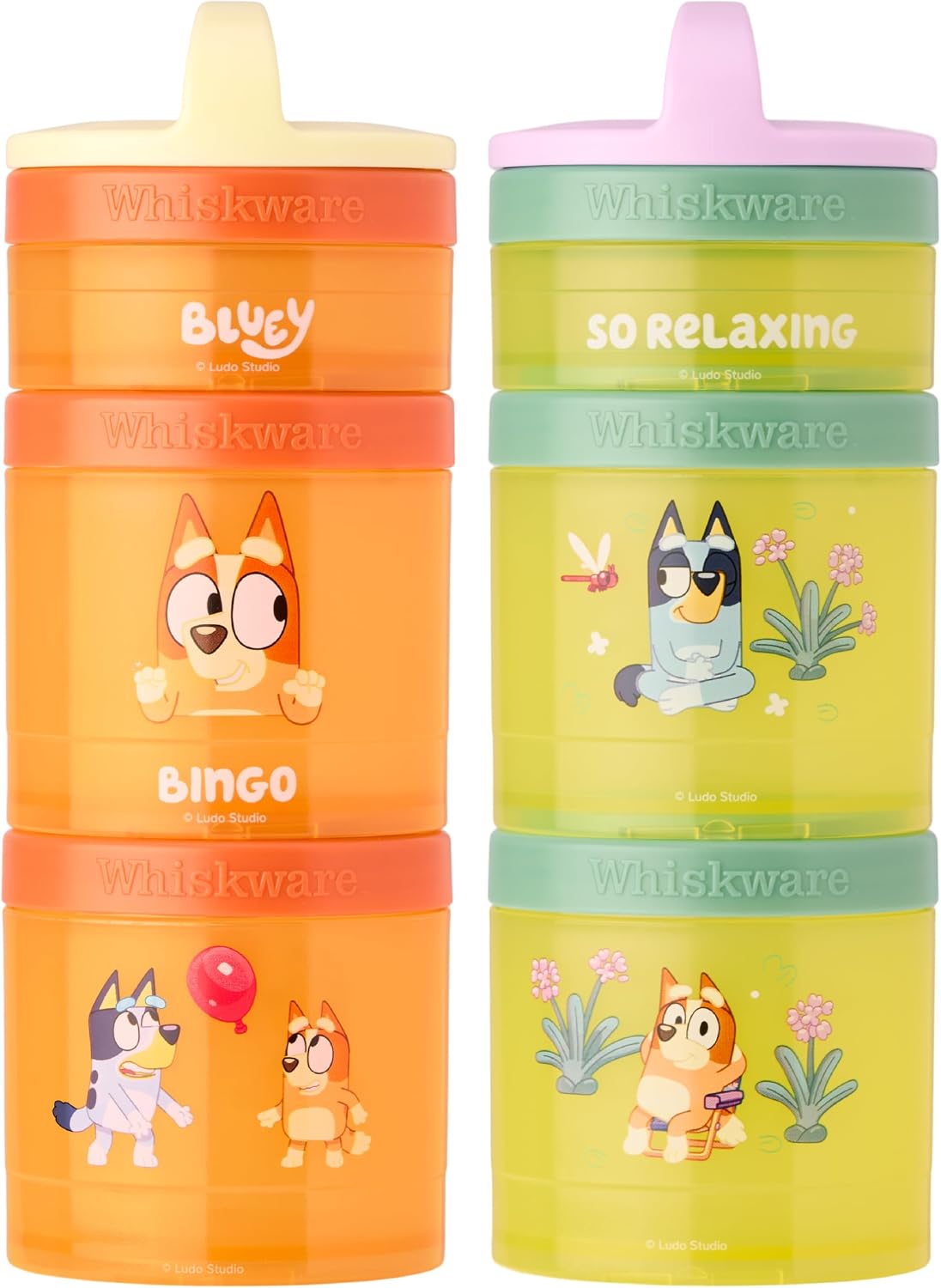 Whiskware Bluey Stackable Snack Containers for Babies, Toddlers, and Kids, Durable Food Storage Containers for Daycare, Car, and Airplane Travel, Formula Friendly, Bluey and Bingo (Pack of 2)