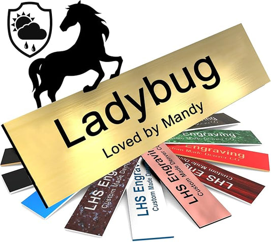 Horse Stall Name Plate, 2x10 Personalized Stall Signs, UV Protected, All Weather Adhesive, Hanging, Mounting or Other, Brushed Brass Plastic Black Letters - Made in USA - M6