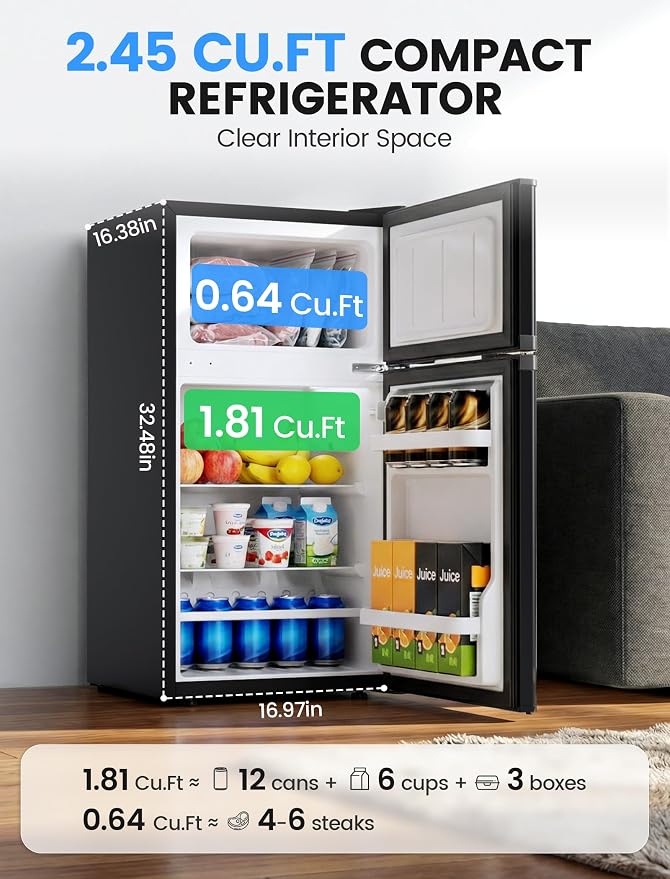 COWSAR 2.5 Cu.Ft Mini Compact Refrigerator with Freezer, Double Reversible Door with 2 Removable Shelves, Commercial Drink Fridge for Bedroom, Office, Kitchen, Dorm, Black