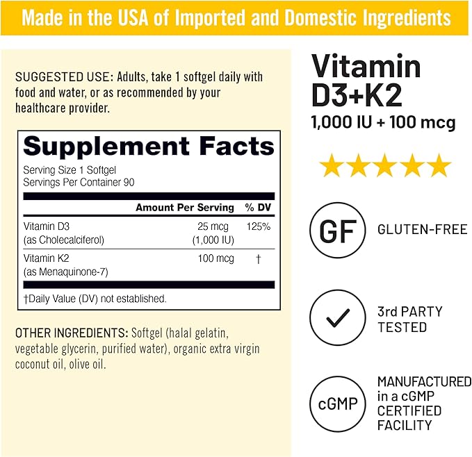 NatureWise Vitamin D3 1000IU + K2 (MK7) 100mcg with Organic Extra Virgin Coconut Oil - Supports Calcium Absorption, Bone & Immune Health - Non-GMO, Soy & Gluten-Free - 90 Softgels[3-Month Supply]