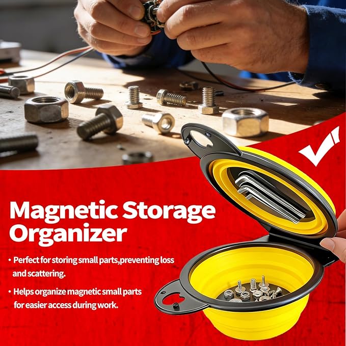 Collapsible Magnetic Parts Tray Set, New Upgraded Version Magnetic Trays, Integrated 5.1" Round Dual Silicone Bowls, Multi-Use Nuts And Bolts Organizer, Bonus Hook for On-the-Go Carry (yellow2.0)