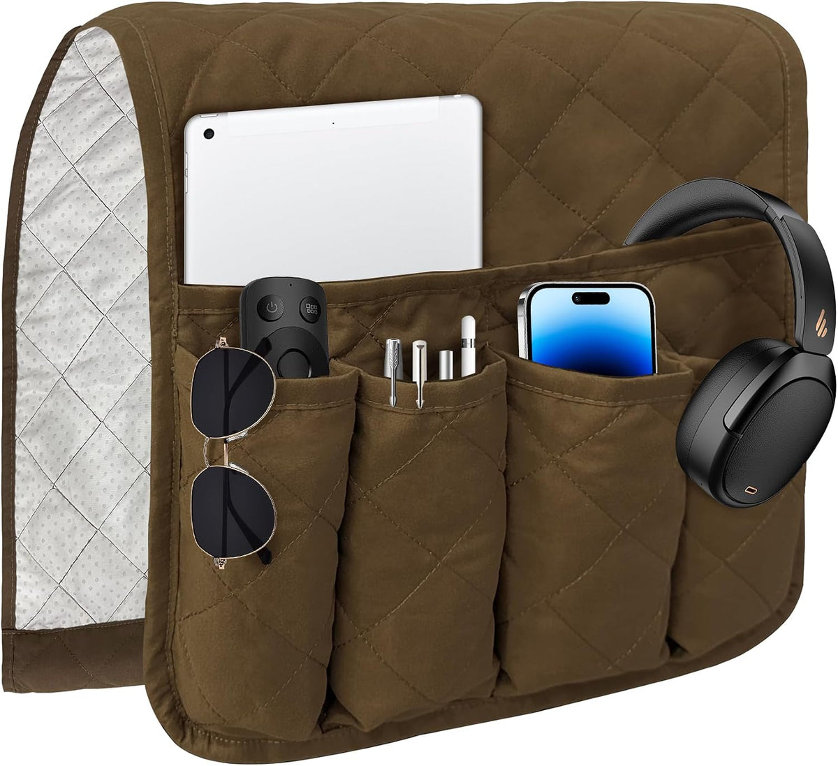 MEHIDFY Sofa Armrest Caddy, Waterproof Bedside Storage Organizer, Non Slip Armchair Pockets, Remote Control Holder for Couch, Handy Pouches with 6 Pockets for TV Remote, Phone, Magazine(Brown)