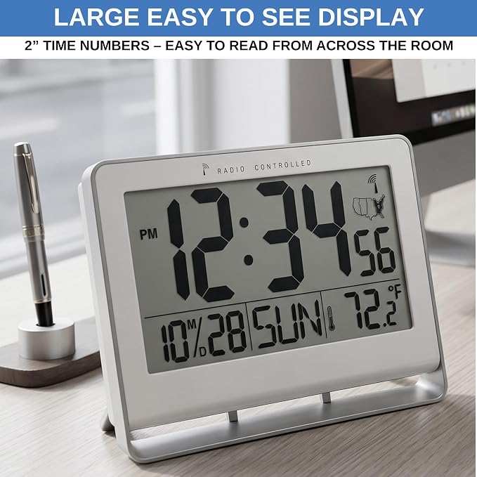 Atomic Digital Wall Clock, Battery-Operated, Large 2" LCD Numbers, Self-Setting