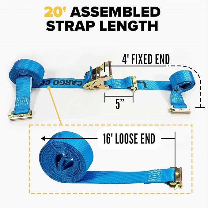 US Cargo Control Double-Fitted E Track Straps 2" x 20' (2-Pack), 4,400 LBS Break Strength, Blue Heavy Duty E Track Ratchet Straps with 3 Spring E-Fittings, Versatile 2-in-1 Logistic Tiedowns