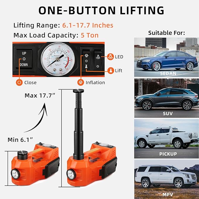 Electric Car Jack, 5 Ton Hydraulic Floor Jack with Electric Impact Wrench, Tire Inflator & LED Light, Lift Range 6.1-17.7 Inch, Emergency Roadside Tire Changing Kit for SUV Sedan Truck