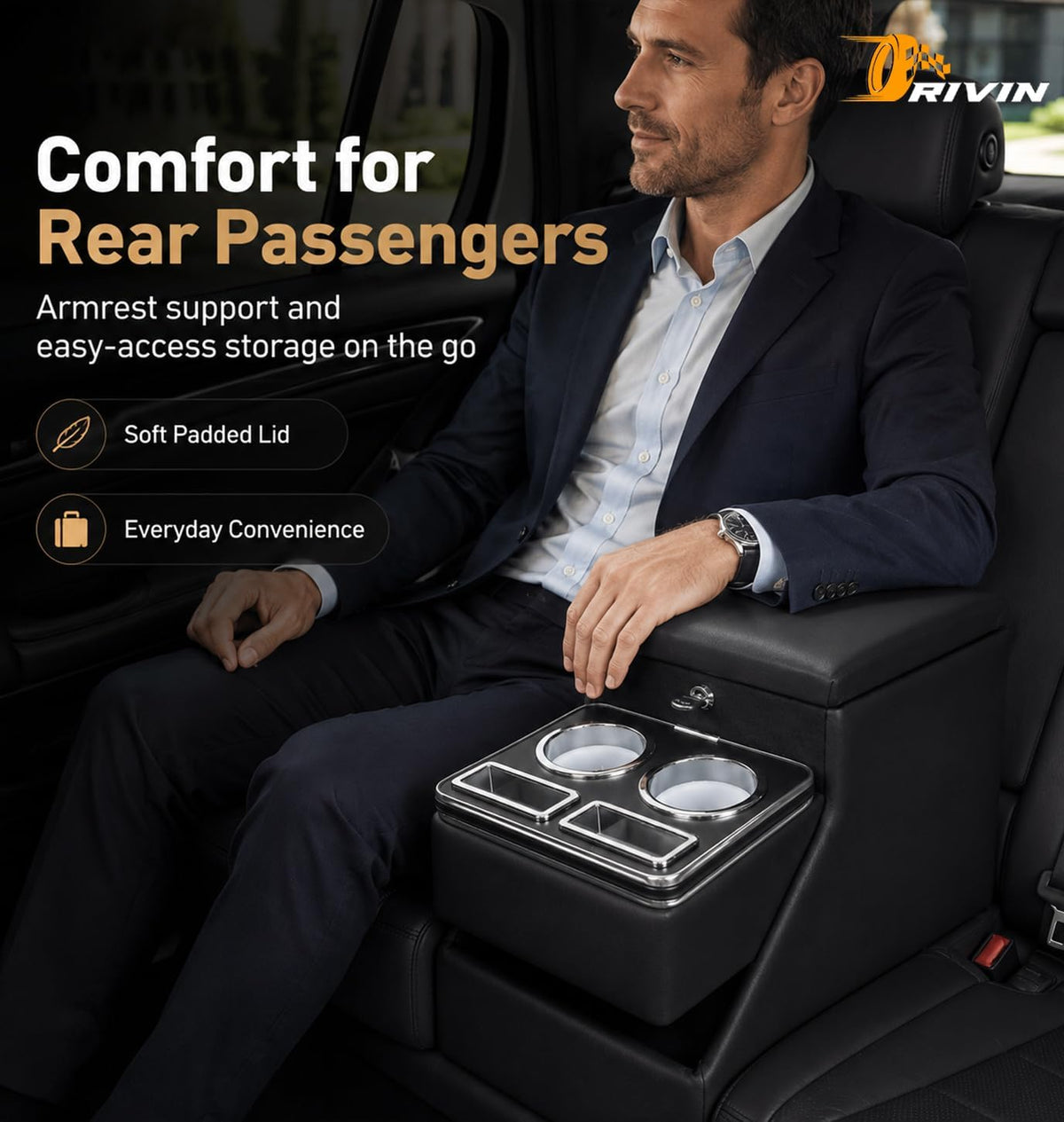 20" L x 9.65" W x 13.78" H, 24L Center Console Between Seats for Minivans, SUVs & Trucks, Floor/Bench Seat Organizer with Locking Hidden Storage, Dual Cup Holders & Armrest