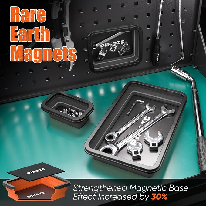 Collapsible Magnetic Parts Organizer Trays & 12" Flexible Magnetic Pickup Tool, 3 Different Size Magnet Tool Trays & Pick-Up Sweeper for Screw, Bolts, Nuts, Washers, Pins and Metal Parts, Black