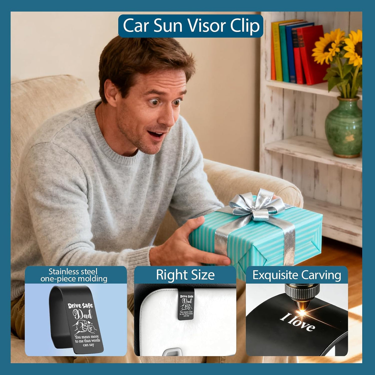 Drive Safe Dad Car Visor Clip Stainless Steel, You Mean More to Me Than Words Can Say Engraved Reminder, Safe Driving Gift for Dad, Car Receipt Holder & Sun Visor Organizer EDG40