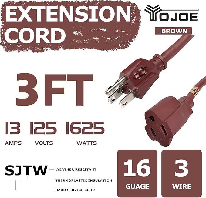 YOJOE Extension Cord, 3 Prong 13A Weatherproof Power Cord, 16 Gauge Heavy Duty 3 ft Brown Extension Cord for Garage, Garden and Home, 16/3 SJTW UL Listed