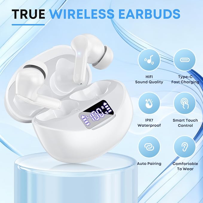 Wireless Earbuds Bluetooth 5.4 Headphones, Noise Cancelling Mic Ear Buds with 50H Playback, LED Digital Display, IPX7 Waterproof Earphones for Office/Running/Workout