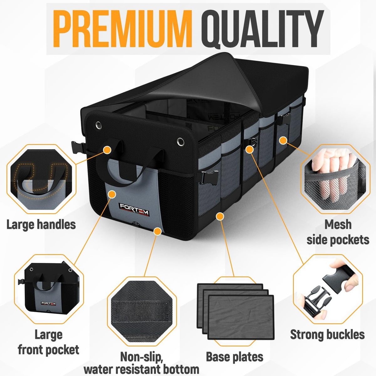 FORTEM Trunk Organizer For SUV Car Organizer and Storage, Multi-Compartment Storage Bag Car Accessories for Women Men, Perfect Christmas Gifts, 1680D Oxford, Non Slip Bottom, Straps, Soft Cover (90L)