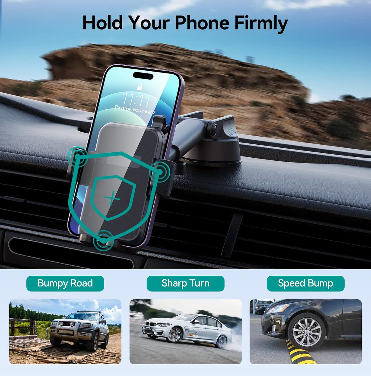 DOLYOFG Car Phone Holder Mount, [Military-Grade Suction & Super Sturdy Base] 3 in 1 Universal Phone Mount for Car Dashboard Windshield Air Vent Dash Pad Car Mount for iPhone Android Smartphone