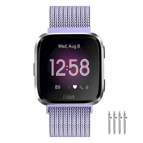Meikeio Bands Compatible with Fitbit Versa 2/1/Lite, Stainless Steel Metal Mesh Band, Wristbands Replacement Strap Sport Loop(Lavender,S)