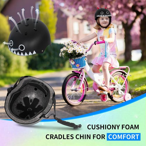 Nattork Kid's Bicycle Helmet for Girls or Boys Adjustable Size Muti-Sports Helmet for Skateboard Roller Skates with Cute Style for Children Black