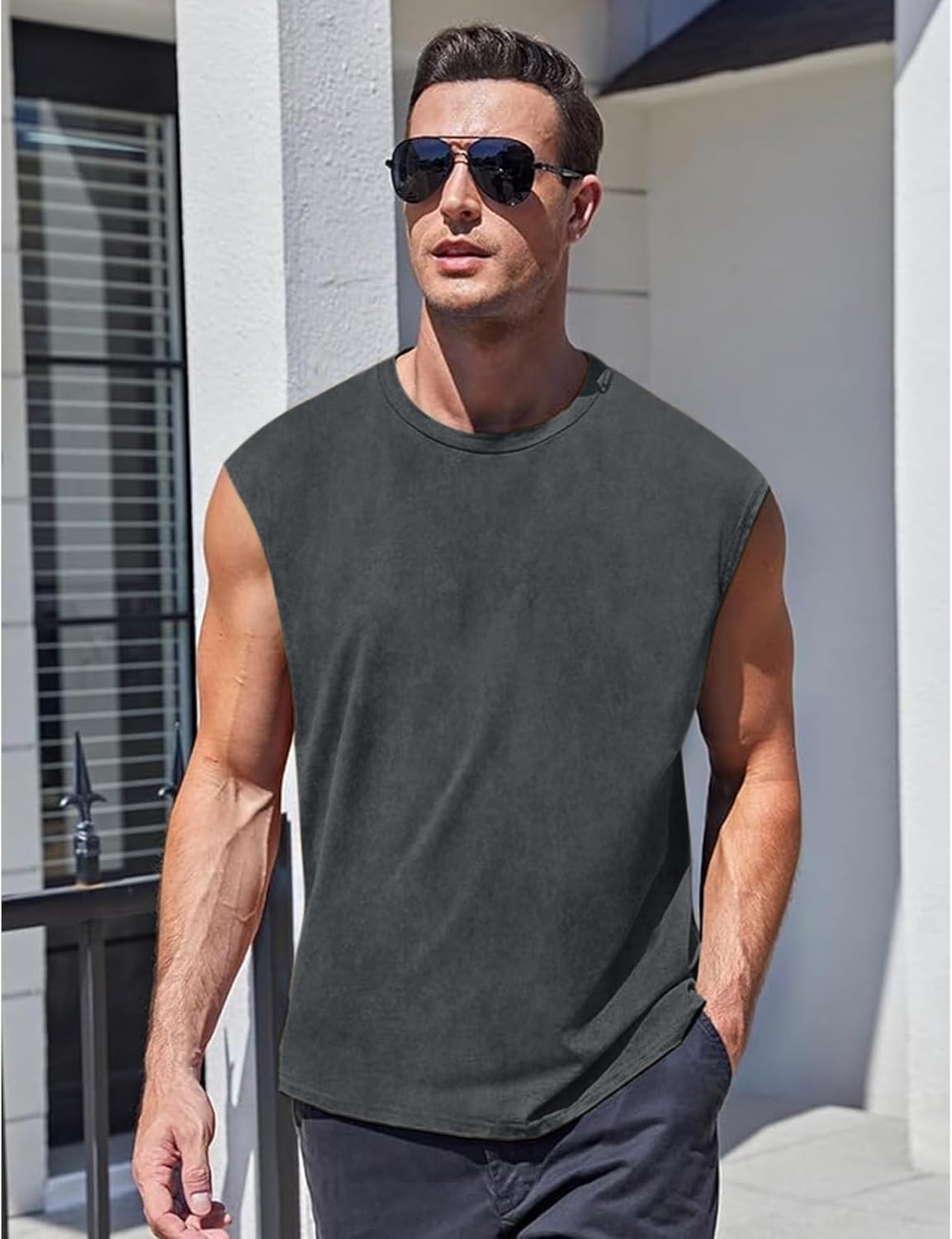 Wrenpies Men's Cotton Workout Tank Top - Sleeveless Acid Wash Muscle Tee for Gym & Beach