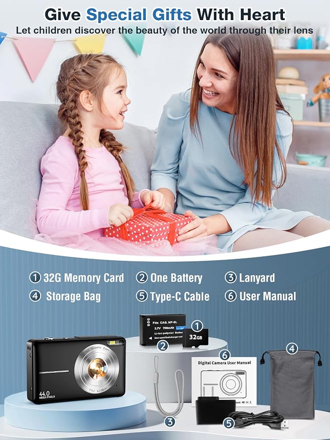 Digital Camera, FHD 1080P Kids Camera 44MP Point and Shoot Digital Cameras