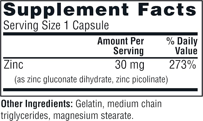 Twinlab Zinc Caps - Immune Support Supplement - Zinc Picolinate & Zinc Gluconate - Pure Zinc Supplement for Immune Defense, Healthy Skin, DNA Synthesis, Metabolism and Growth - 30mg, 100 Caps - 2 Pack