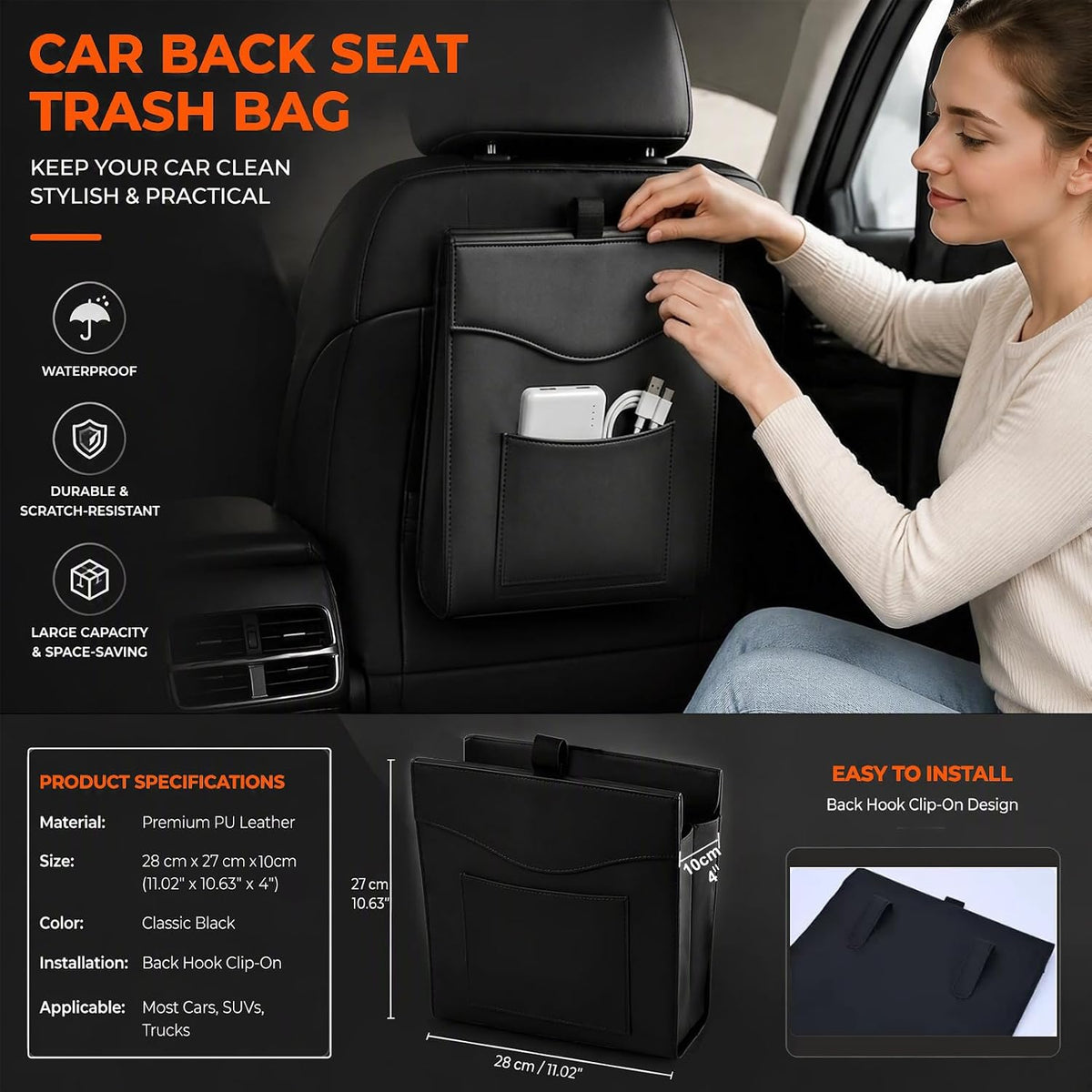Car Trash Can, Magnetic Leather Seat Back Organizer with Storage Pocket,