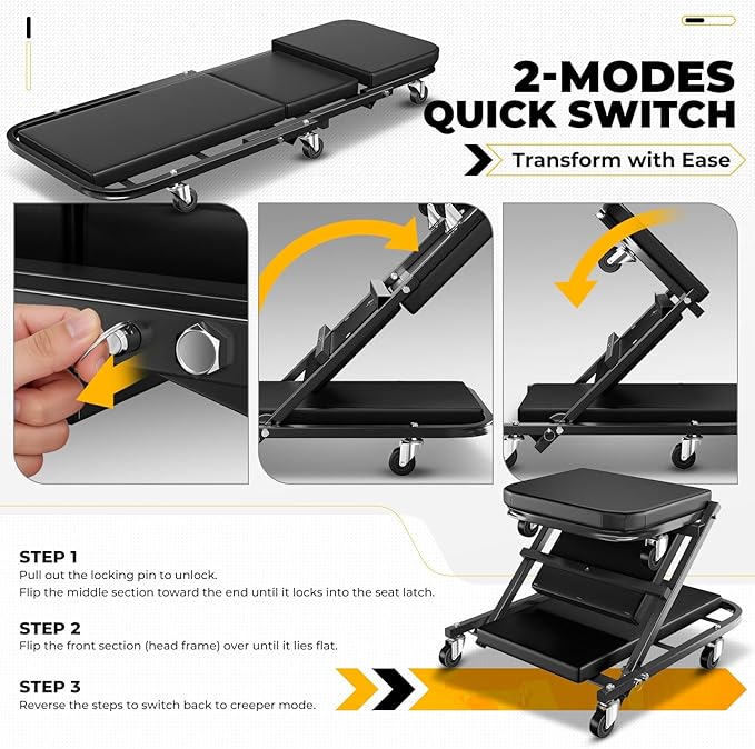 Auto Dynasty 40" Z-Creeper Seat, 2-in-1 Foldable Garage Creeper Shop Seat, 330 LBS Capacity Automotive Mechanic Repair Under Car Rolling Creeper Seat, Black
