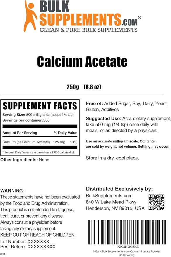 BulkSupplements.com Calcium Acetate Powder - Calcium Supplement, Calcium Acetate Supplement - Food Grade & Gluten Free, 500mg (125mg Calcium) per Serving, 250g (8.8 oz) (Pack of 1)