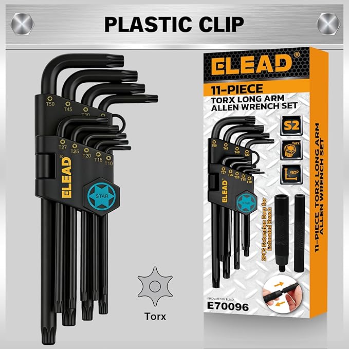 ELEAD 11-Piece Torx Star Allen Wrench Set with Extension Bar, T10-T50 Long Arm Torx Key Set, Heat-Treated S2 Steel
