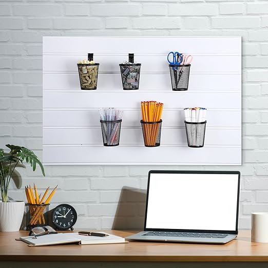 Briwooody 6 Set Slatwall Accessory Cups with Hook, Slatwall Holder Organizer Accesories, Slat Wall Bin Metal Mesh Pencil Tool Holder Steel Cups for Craft Garage Workshop Office Storage(Medium,Black)