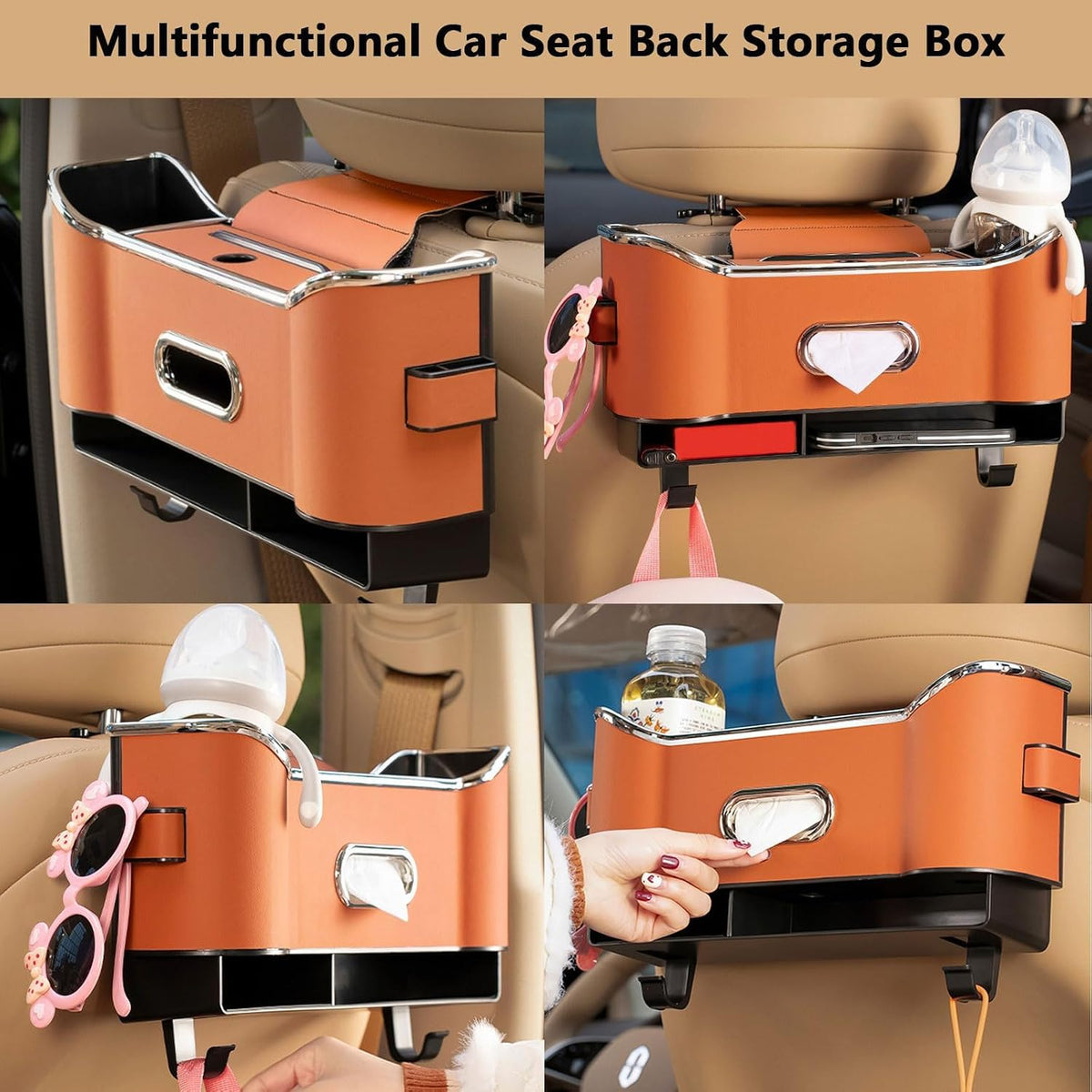 Multifunctional Car Seat Back Storage Box, Car Seat Tissue Box and Storage Box, Universal Car Tissue Organizer Back Seat with 2 Drink Cup Holder (Black)