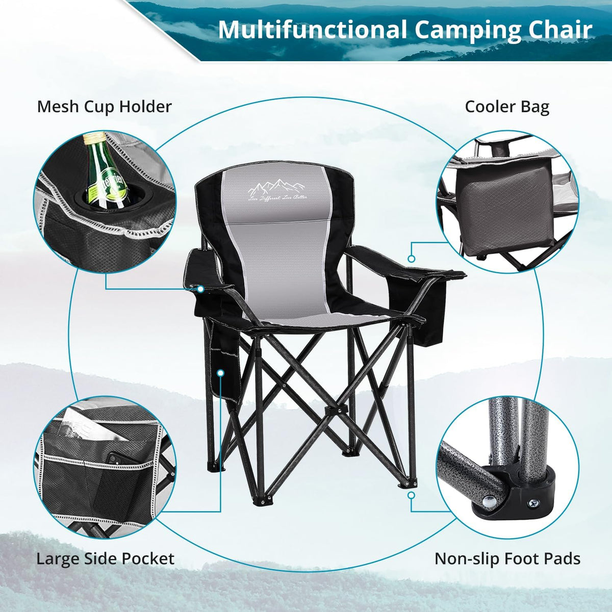 Skiennix Folding Camping Chair - Heavy Duty Portable Lawn Chair with Cooler Bag & Cup Holder | Supports 450lbs, Black