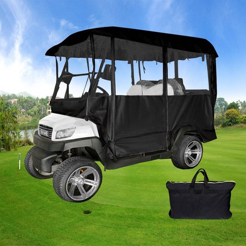 LOVE·FEEL Golf Cart Covers 4 Passenger, 300D High Duty Golf Cart Cover with 6 Zipper, 4-Side Transparent PVC Windows, for EZGO Yamaha Club Cart, with Storage Bag (Black)