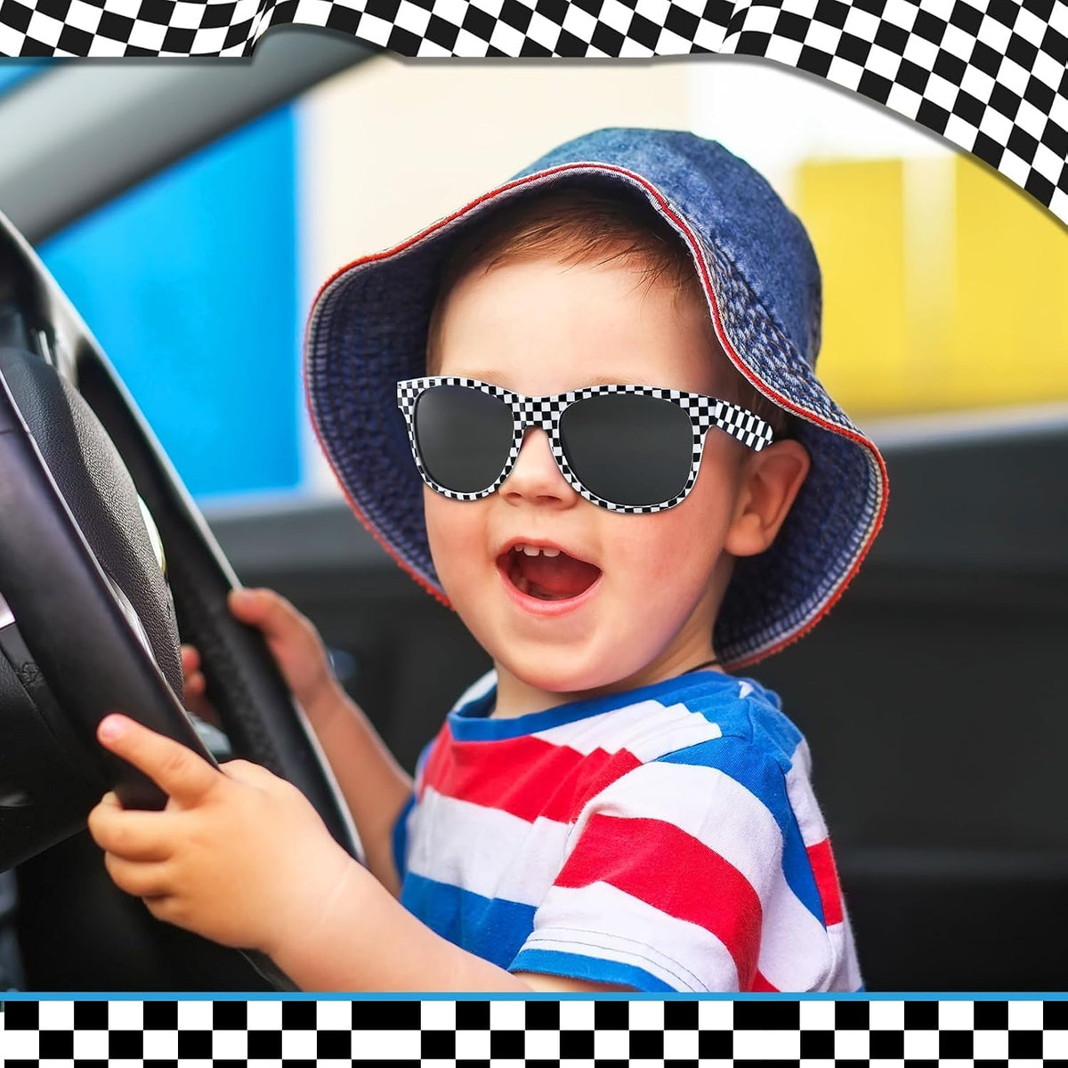 16 Pack Race Car Checkered Sunglasses White Black Frame Checker Sunglasses Bulk for Kids Racing Party Favors Essentials & Gear Up With Hot Car Plastic Glasses for Racing Theme Birthday Party Gifts