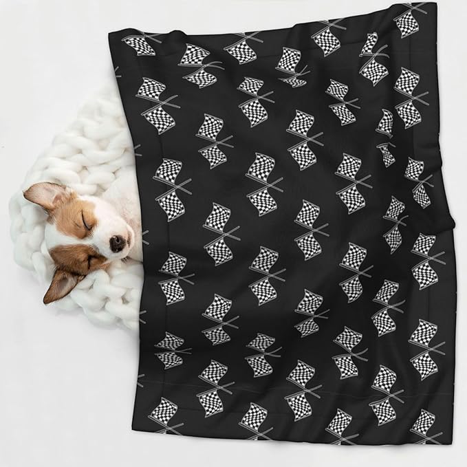 Double Sided Plush Pet Blanket for Small Large Animals, Checkered Racing Flag Black and White, Reversible Throw with Dimpled Dot Side and Flat Side for Kennels Living Rooms