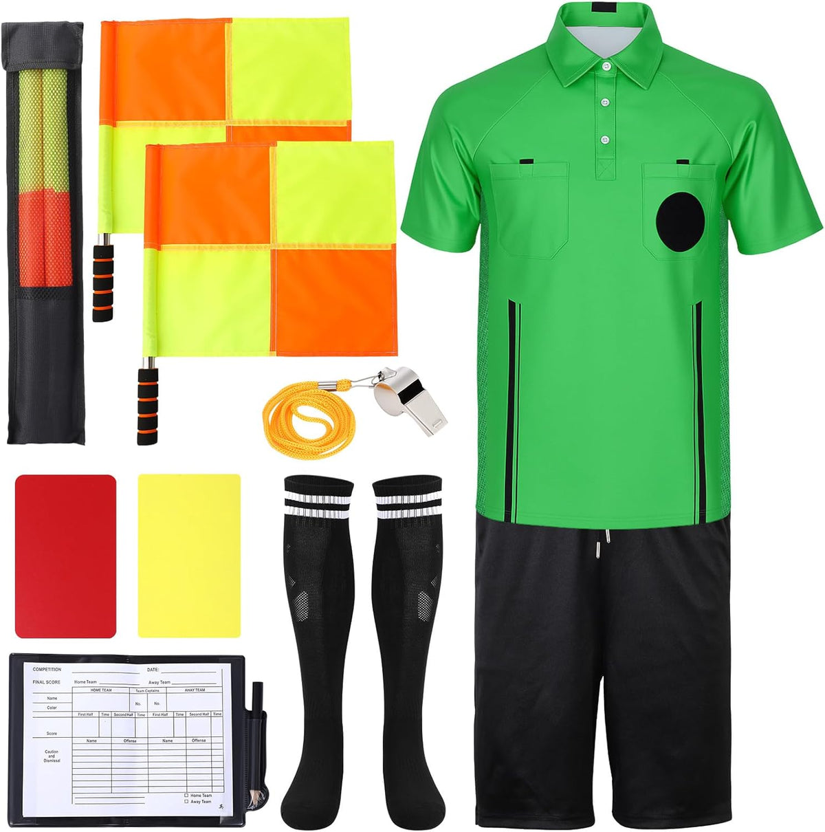 Skiennix Soccer Referee Jersey Kit - 7-Piece Set with Whistle, Cards, Socks & Flags for Adults