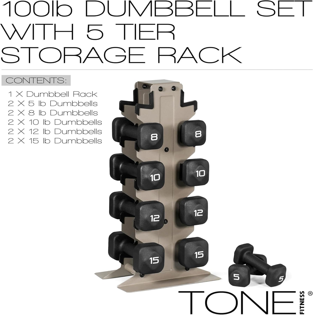 Tone Fitness Neoprene Dumbbell Set - Non-Slip, Anti-Roll Hand Weights for Home Gym | 20 lb to 100 lb Options
